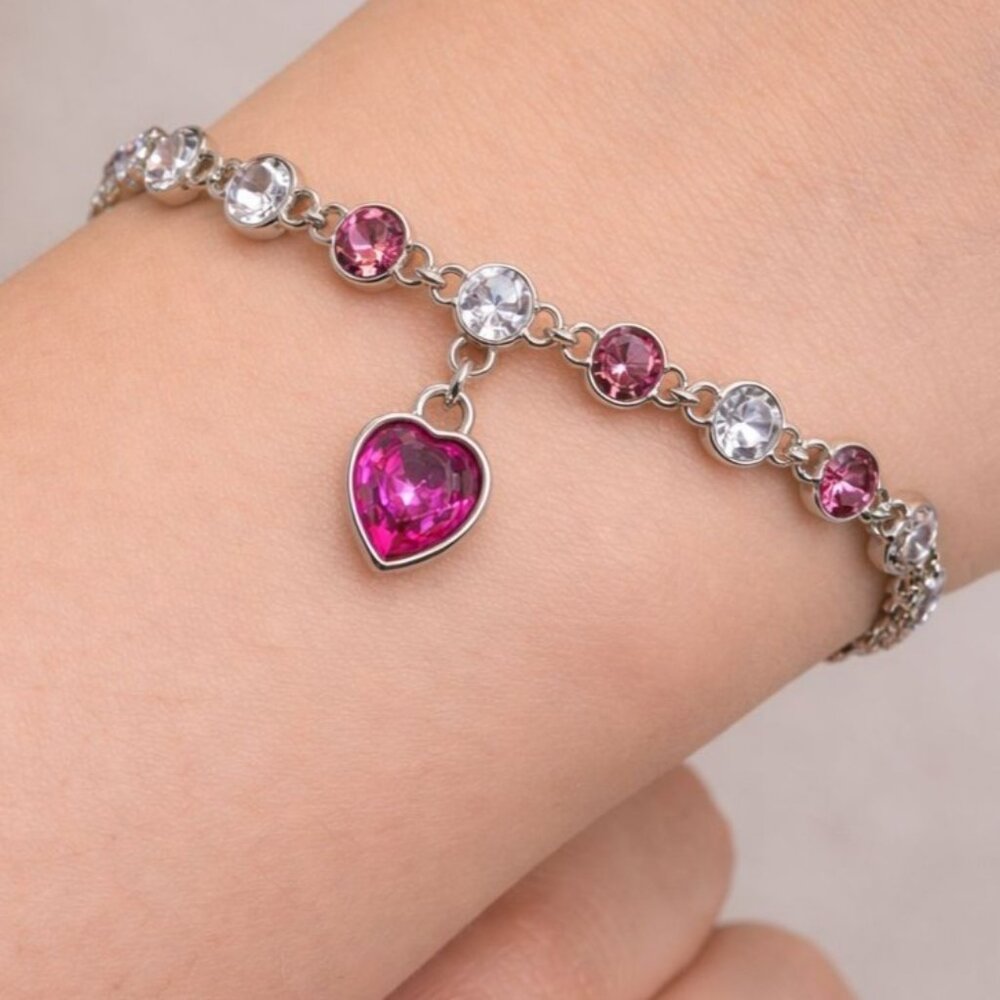 Vintage‎ Swarovski Crystal Bracelet Pink Clear Heart Charm Sterling Overlay